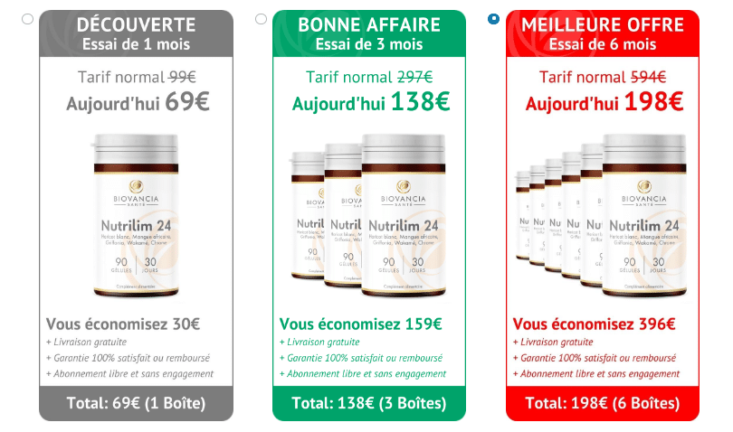 Les tarifs de Nutrilim 24 sur le site officiel