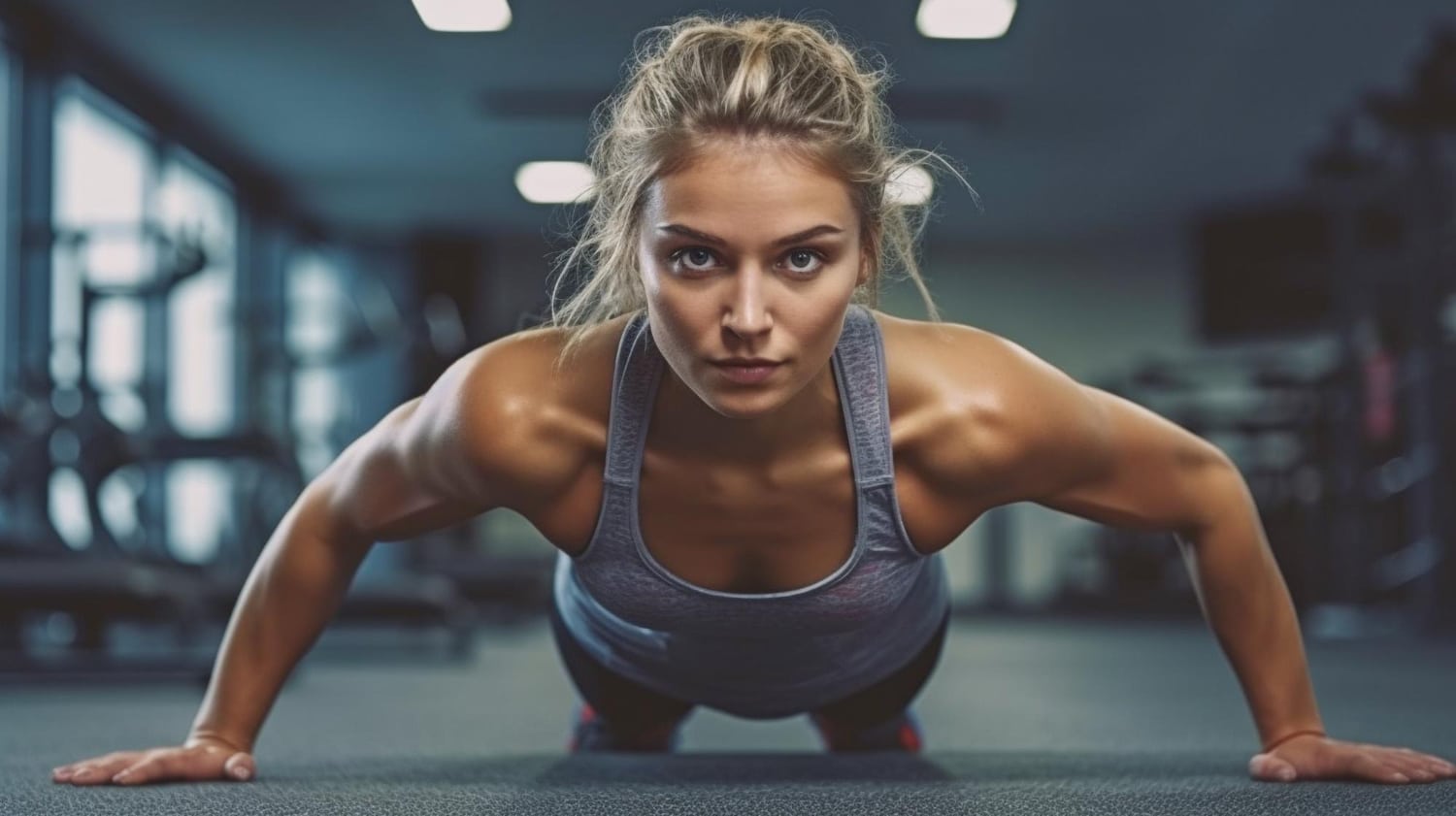 jeune femme active ia generative effectuant pompes sol du gymnase